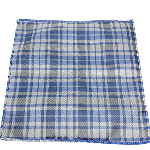 Men’s Suit Pocket Square 100% Polyester Blue and Grey Plaid Pattern. - Picture 3 of 4